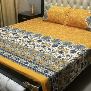 3D Crystal Cotton 3-Piece King Size Bedsheet Set with Pillow Covers - Mustard